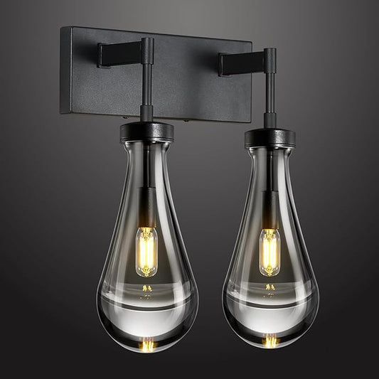 Raindrop Wall Sconces Black Crystal Sconces Wall Decor Modern Brass Lighting Glass Bathroom Sconces Indoor Vanity Light Wall Lamp for Bedroom Living Room Stair(2-Light)