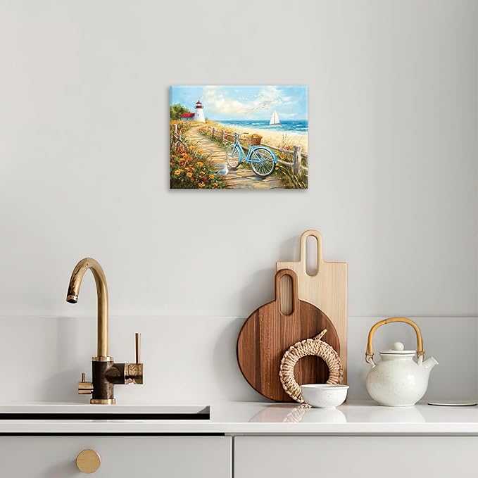 Olivine Coastal Wall Art, Beach Bicycle Pictures Wall Decor, Lighthouse Painting, Ocean Seascape Canvas Prints, Framed Artwork for Living Room Bedroom Bathroom Kitchen Office Home Decoration 16"x12"