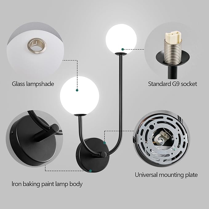 Milk Glass Wall Sconce Black Wall Sconces Set of Two Mid Century Modern Sconces Wall Lighting 2 Light Globe Sconce for Bedroom Living Room Hallway Wall Light Fixtures