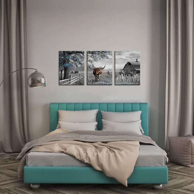 yiijeah Western Wall Decor - Rustic Blue Tree Brown Cow 3 Piece Wall Art - Farmhouse Black and White Picture Canvas Artwork for Walls - Field Scenery Wall Art