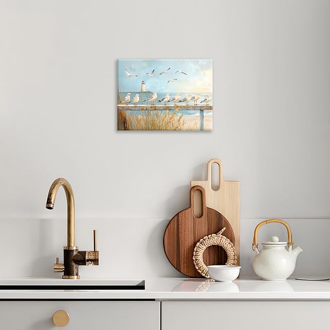 Olivine Beach Wall Art, Coastal Seagull Lighthouse Pictures Wall Decor, Nautical Canvas Prints Painting, Framed Artwork for Living Room Bathroom Bedroom Office Home Decoration 16''x12''