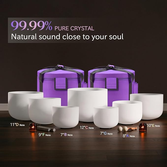 432HZ 7-12 Inch Set Of 7 Pcs Frosted Quartz Crystal Singing Bowls With 2 Pcs Carrying Case bag Sound Healing