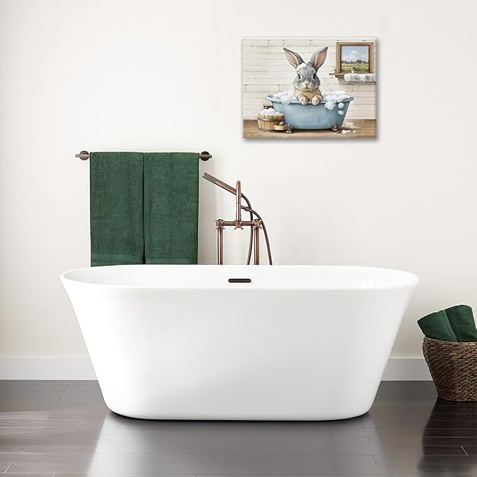 Farmhouse Bunny Bathroom Decor Wall Art Rabbit Pictures Canvas Prints Rustic Country Bathroom Painting Artwork Easter Decoration Framed Gifts for Women Girl Restroom Toilet 12"x16"