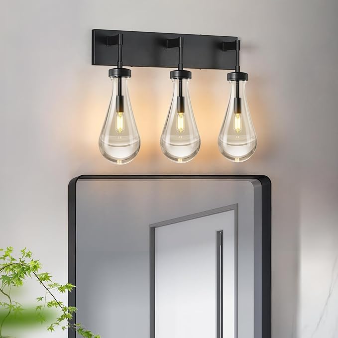 Raindrop Wall Sconces Black Crystal Sconces Wall Decor Modern Brass Lighting Glass Bathroom Sconces Indoor Vanity Light Wall Lamp for Bedroom Living Room Stair(3-Light)