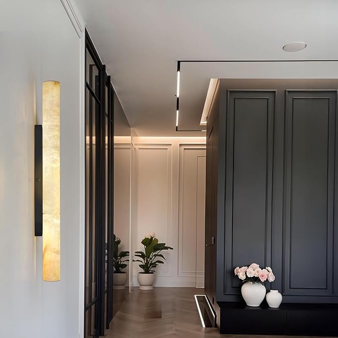 Alabaster Wall Sconces, 36" Large Bronze Wall Sconce, Modern Sconces Wall Lighting, Spanish Natural Marble Wall Sconce Light for Living Room, Bedroom, Hallway, Stairs