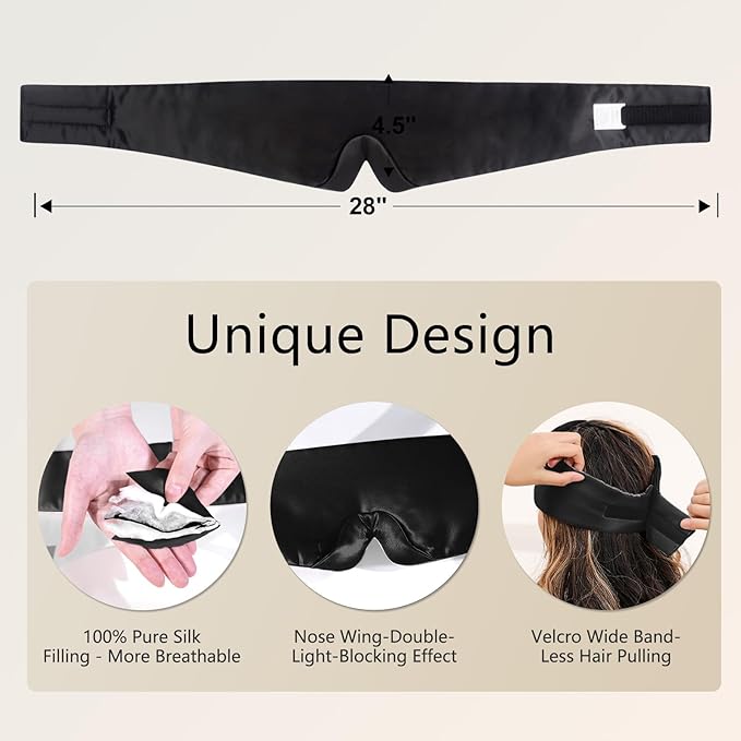 ZIMASILK 100% 22 Momme Mulberry Silk Sleep Mask - Full Silk Filled, Ultra-Soft & Breathable, Face-Hugging Blackout Eye Cover for Sleeping (Black)