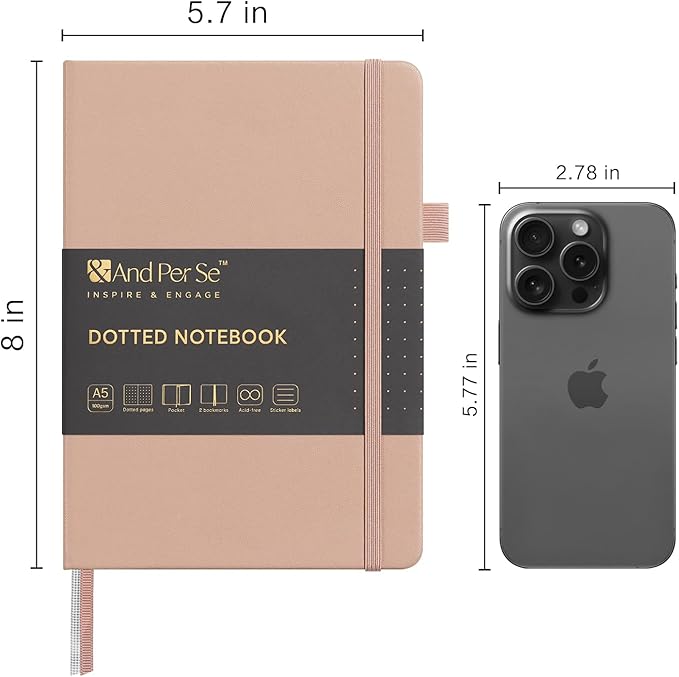 &And Per Se Dotted Journal Notebook, A5 Hardcover Leather Bullet Dotted Journal, 160 Pages 100 gsm Thick Paper，3 Sheets of Stickers Included - 5.7'' x 8''（Apricot）