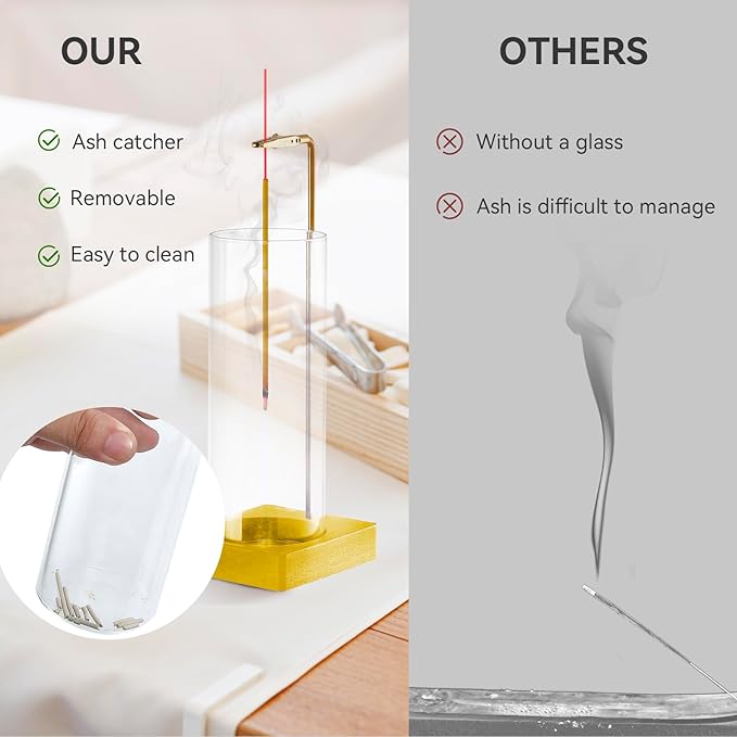 1 Pack Incense Holder for Sticks, Insence-Stick Holder Ash Catcher with Removable Glass [Anti-Ash Flying], Mess-Free Incense Burner Holder, Perfect for Meditation Yoga Relaxation,Home Decor(Gold Base)