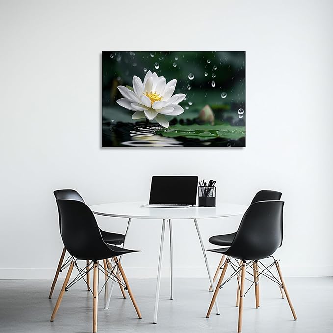 White Lotus Canvas Wall Art - Zen Wall Decor Flower on Water Picture Relax Meditation Zen Art for Living Room Bedroom Bathroom Home Decor Framed(12.00x18.00 inch)
