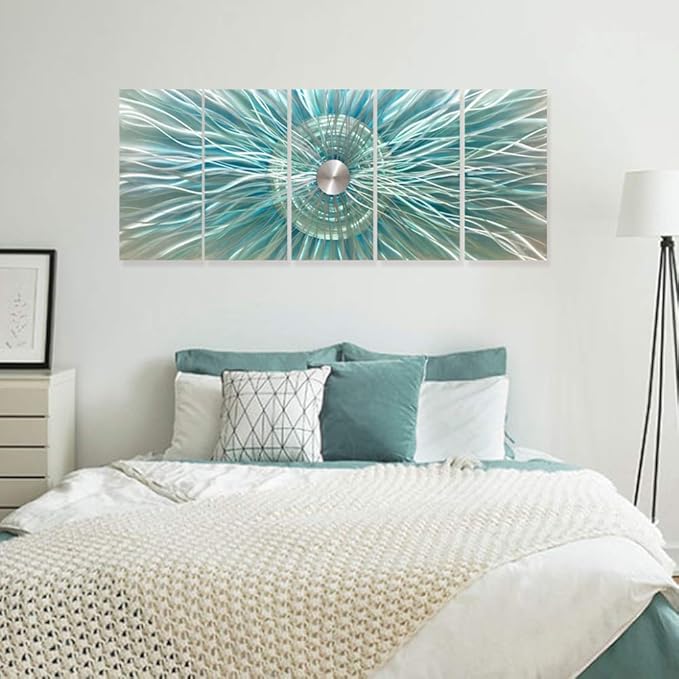 RICHSPACE ARTS Aqua Teal and Silver Sculpture Decor Large 3d Modern Contemporary Metal Wall Art Oversized Abstract Painting Artwork on Aluminum for Living Room Bedroom Office Walls