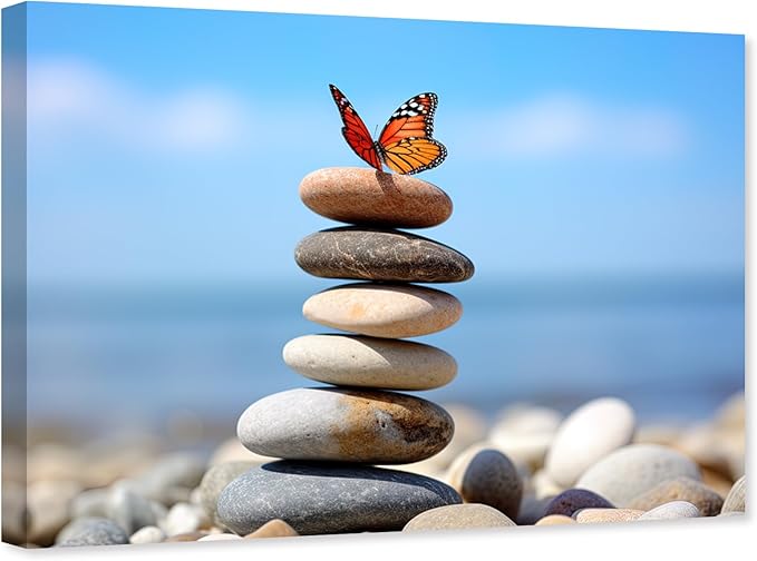 ARTZGX Zen Stone Wall Art Canvas Spa Bathroom Pictures Butterfly Print Meditation Still Life Painting for Yoga Room Decor Frame(Zen - D 28.00" x 42.00")
