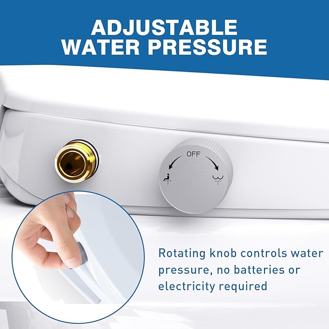 Non-Electric Elongated Bidet Toilet Seat with Dual Nozzle - Front & Rear Wash, Quiet-Close Lid, Adjustable Pressure, Easy Installation, Hygienic Fresh Water Bidet (Round)