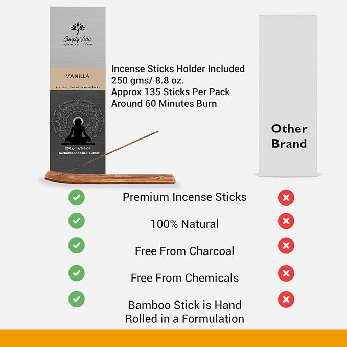 Vanilla Incense Sticks – 250g Pack (Approx. 135 Handmade Agarbatti + Free Holder) | Charcoal-Free | Natural Essential Oils for Meditation, Sleep, Mood, Yoga & Aromatherapy Use