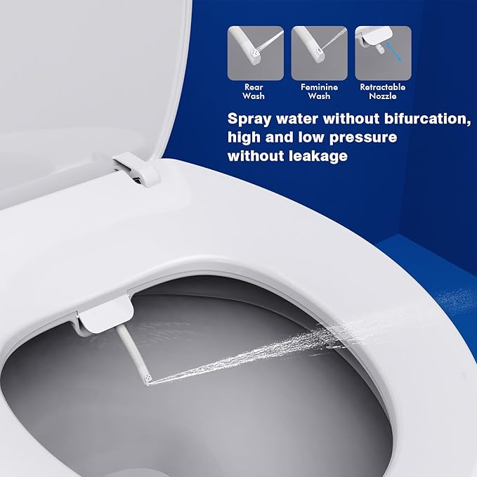 Non-Electric Elongated Bidet Toilet Seat with Dual Nozzle - Front & Rear Wash, Quiet-Close Lid, Adjustable Pressure, Easy Installation, Hygienic Fresh Water Bidet (Round)