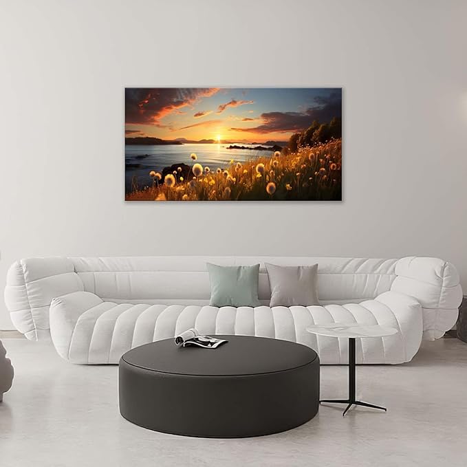 Dandelion Painting Wall Art Dandelion Landscape Pictures Wall Decor Flower Sunset Large Canvas Prints Modern Framed Artwork Home Decorations Above Bed for Living Room Dining Room Bedroom 60"x30"