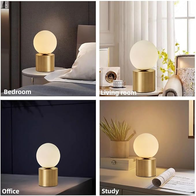Mid Century Modern Table lamp Luxury Gold Bedroom Bedside Night Light White Glass Globe Table Lamp for Bedroom Living Room and Office