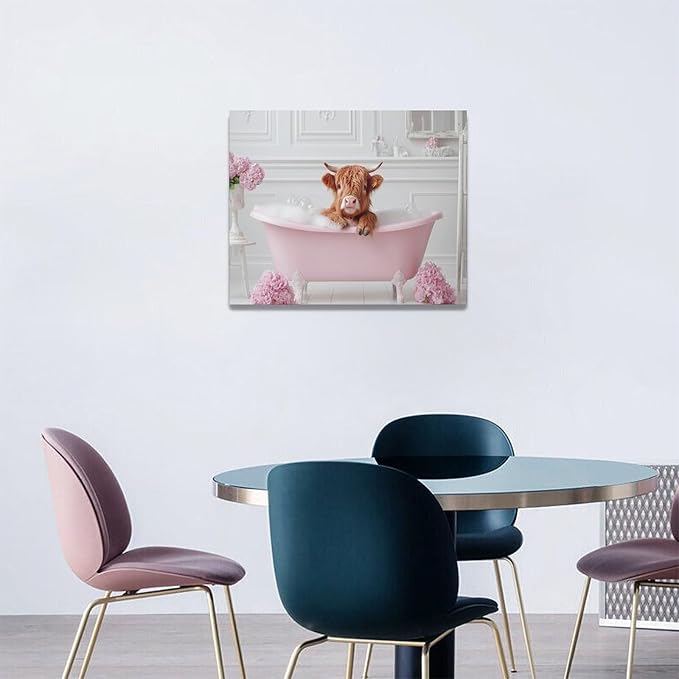 Bathroom Cow Wall Art Highland Cow Wall Decor Pink Pictures Canvas Painting Framed Artwork Home Decorations for Toilet Lavatory Living Room Bedroom 20"x16"