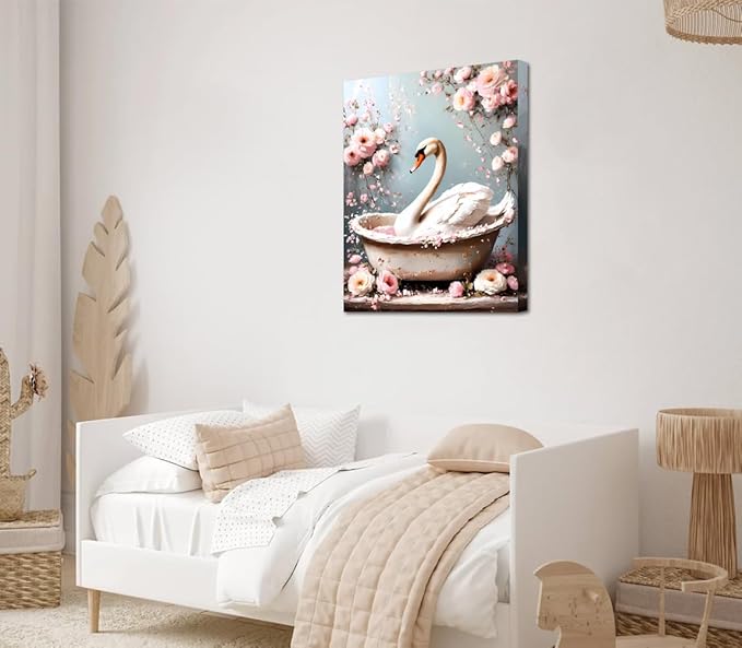Framed Swan Wall Art Prints,Swan Bathroom Wall Art,Swan In Bathtub Poster Print,Rustic Watercolor Swan Vintage Art Pictures for Bedroom Bathroom Office Decor(12''x16'')