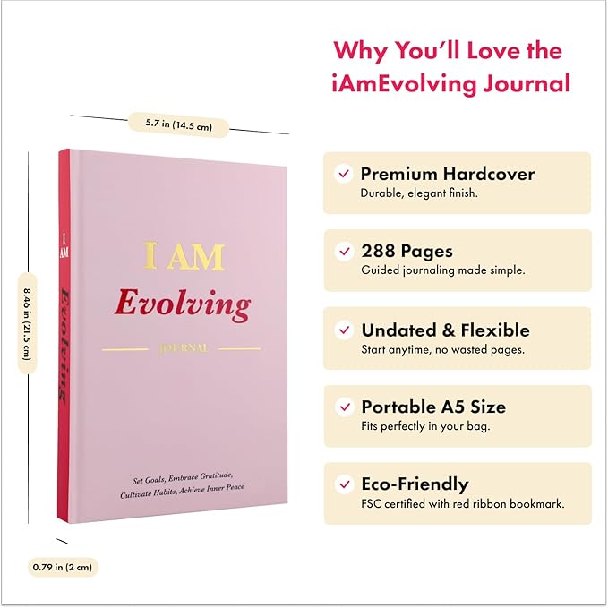 iAmEvolving Journal – Gratitude Journal with Prompts for Goal Setting, Habit Tracking, Mindfulness, Daily Reflection, Affirmations – 2025 Undated Self-Care Notebook for Women & Men (Misty Rose)