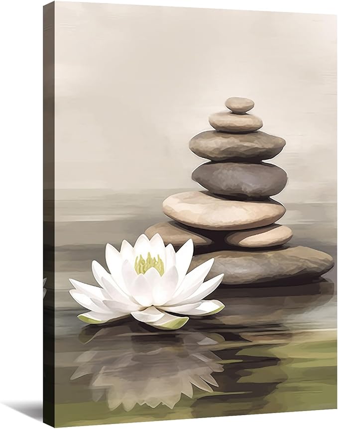 KPLUNDO Zen Wall Art Lotus Canvas Print Bathroom Decor Spa Stone Picture Meditation Painting Vintage Artwork for Spiritual Room Living Room Office Modern Home Decor Frame(Art-3,12.00x18.00 inch)