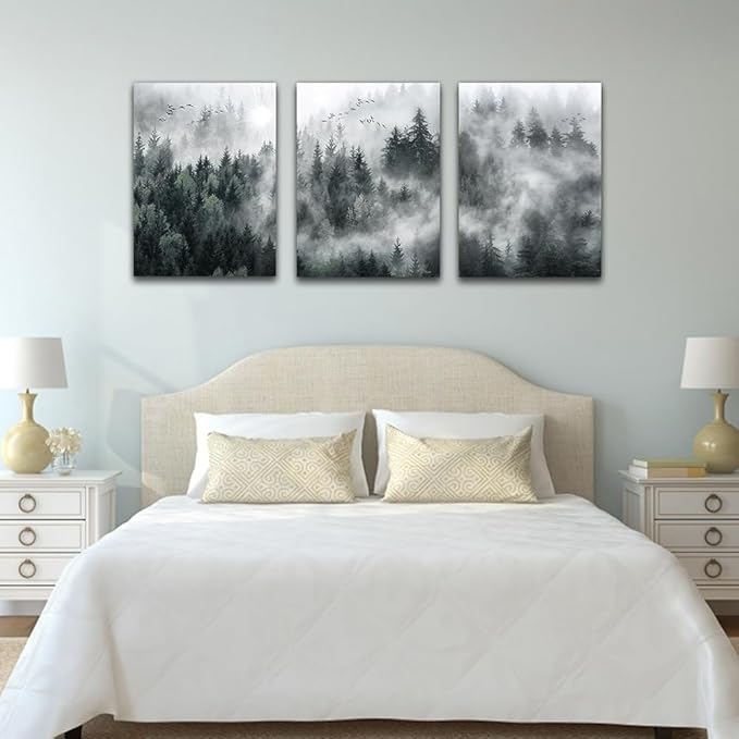 DZRWUBHS Wall Decor for Living Room Large Canvas Wall Art For Bedroom Office Decoration Foggy Forest Trees Scenery Wall Painting Modern Wall Picture Prints Artworks Ready To Hang Room Decor 3 Piece