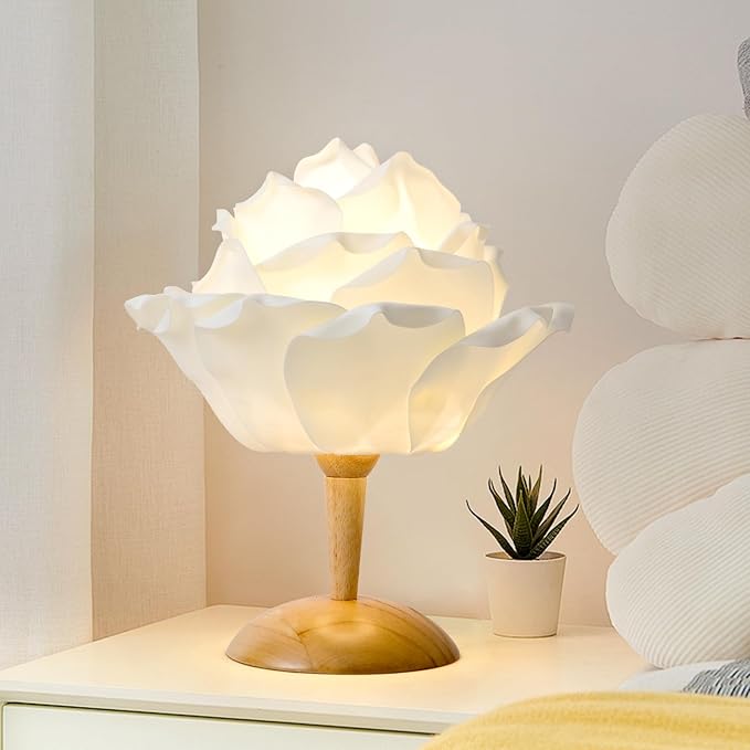 White Flower Table Lamp Creative Lotus Desk Lamp for Bedroom Modern Fabric Nightstand Light Bedside Lamp for Wedding Decor Living Room Study Rooms Restaurants Hotel