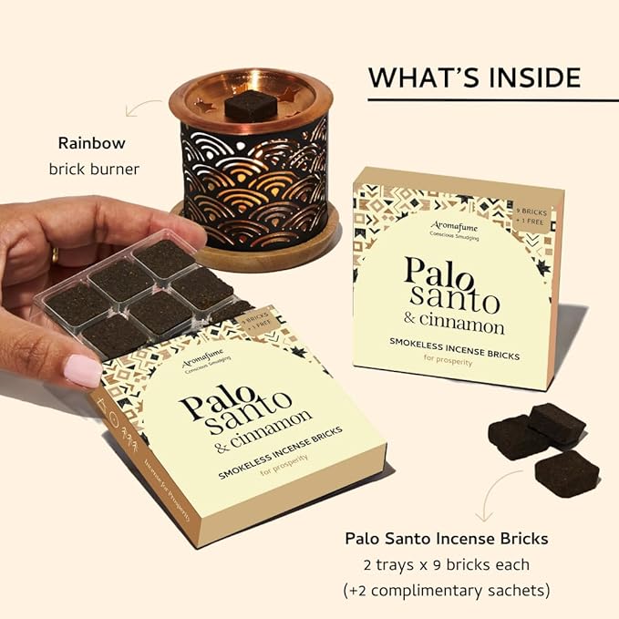 Palo Santo & Cinnamon Smokeless Incense Bricks & Rainbow Burner | 2 x 9 bricks | Aromatherapy | Smudging | Made with Essential oils | Natural Air fresheners for home | Spiritual Meditation Accessories