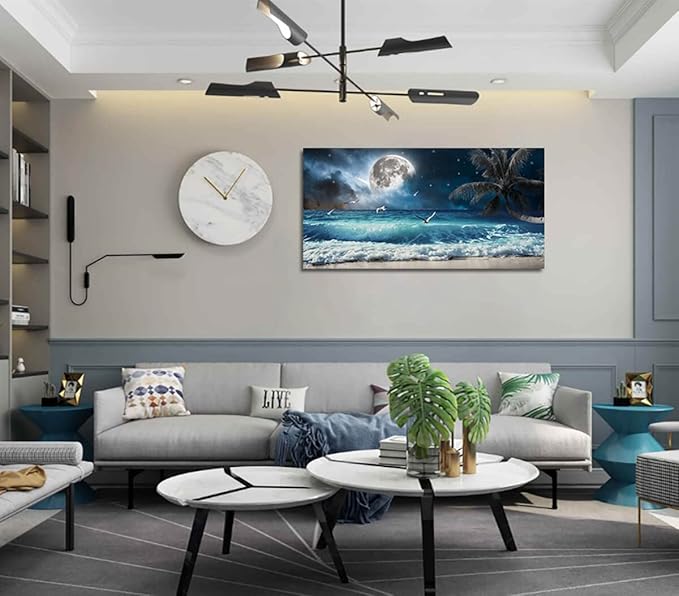 Yxbhhym large Moon Ocean Wall Art Seascape Sea Wall Pictures Canvas Beach Prints Poster Scenery Ocean Paintings Palm Artwork for Bedroom Modern Framed Office Wall Art Living Room Decor-30x60inches