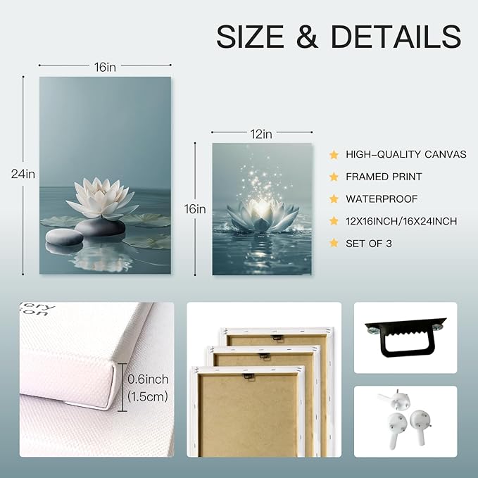 GELDSTEI Calm Zen Botanical Canvas Wall Art, White Lotus Blooming on Stones in Water Aesthetic Pictures, Yoga Spa Meditation Room Decor, Modern Spiritual Poster Prints for Zen Office Framed 12"x16"x3