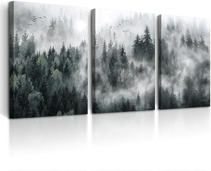 DZRWUBHS Wall Decor for Living Room Large Canvas Wall Art For Bedroom Office Decoration Foggy Forest Trees Scenery Wall Painting Modern Wall Picture Prints Artworks Ready To Hang Room Decor 3 Piece