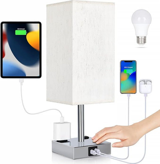 Bedside Lamp with USB Ports - Touch Control Table Lamp for Bedroom with USB C+A Charging Ports & AC Outlets, 3 Way Dimmable Nightstand Light for Living Room (LED Bulb Included, Chrome - Flaxen)