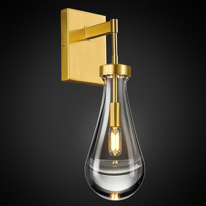 Raindrop Wall Sconces Gold Sconces Wall Decor Modern Brass Wall Lighting Glass Bathroom Sconces Indoor Vanity Light Wall Lamp for Bedroom Living Room Stair (1 Pack)