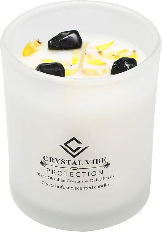 Crystal Vibe Protection Crystal Candle With Black Obsidian Crystals and Daisy Petals - Natural Soy Candles - Vanilla Scented Aromatherapy Candle Gifts for Christmas Birthdays
