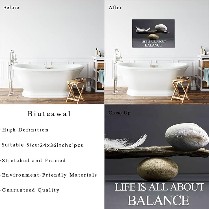 Biuteawal Motivational Wall Art Zen Canvas Print Black White Balance Stones with Feather Picture Painting Inspirational Quote Artwork Framed Home Office Classroom Bedroom Decor Ready to Hang