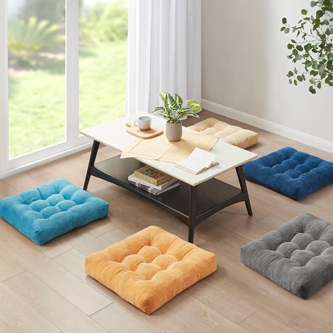 Meditation Floor Pillow Set of 2, Square Large Pillows Seating for Adults, Tufted Corduroy Cushion for Tatami Living Room, Grey, 22x22 Inch