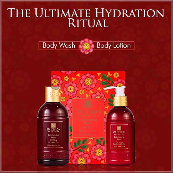 Spa Ceylon Cardamom Rose Bath and Body Duo Set Luxury Gentle Body Wash and Lotion Set with Organic Natural Ingredients | Aromatherapy Bath Set | 250ml x 2