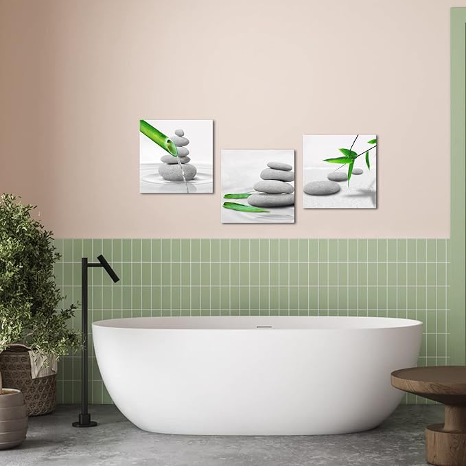 Biuteawal 3 Piece Zen Decor Bathroom Wall Art Spa Still Life With Green Bamboo Pictures Grey Stone Painting Prints Modern Canvas Artwork Spa Meditation Yoga Room Home Bedroom Decoration