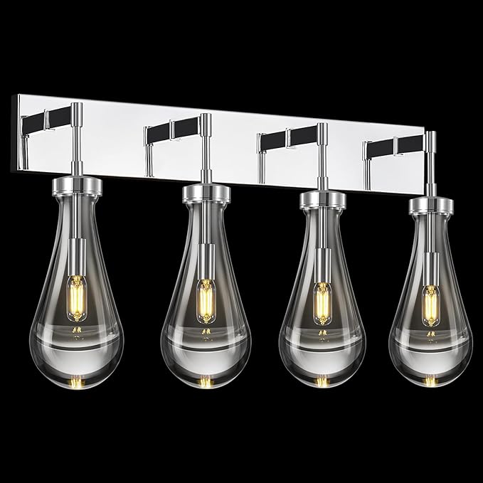 Raindrop Wall Sconces Chrome Crystal Sconces Wall Decor Modern Brass Lighting Glass Bathroom Sconces Indoor Vanity Light Wall Lamp for Bedroom Living Room Stair(4-Light)