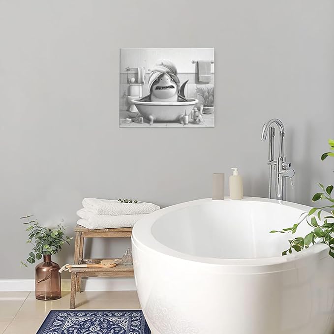 Funny Shark Bathroom Decor Wall Art Black and White Bathroom Pictures Painting Canvas Framed Toilet Humor Artwork Restroom Home Decoration Gifts for Women Girl 20"x24"