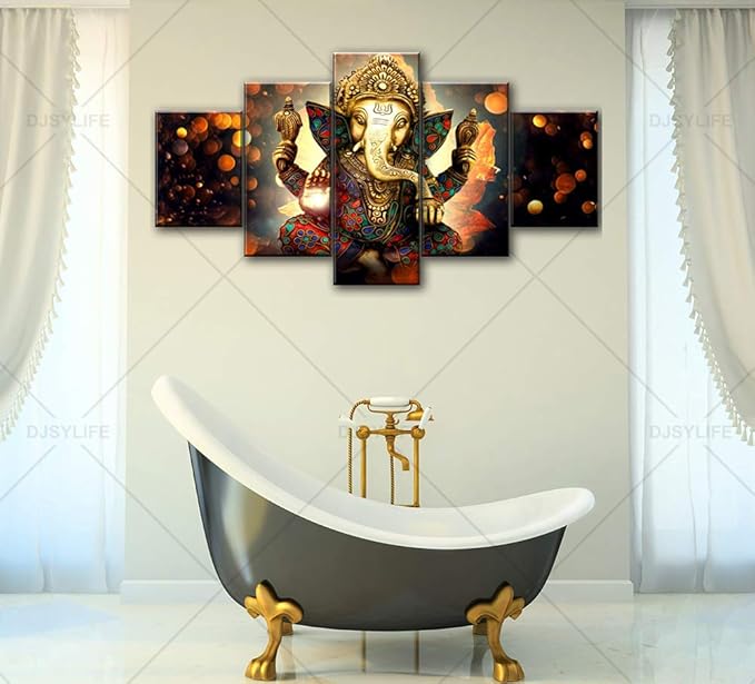 Large 5 Pieces Lord Ganesha Indian Wall Decor - Elephant Photo Picture Canvas Print Paintings for Living Room House Framed Decorations (60" W x 32" H)