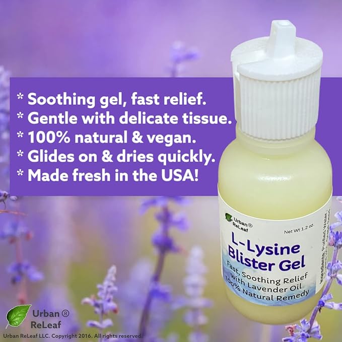 Urban ReLeaf L-Lysine Blister Soothing Gel ! & Lavender Oil. Fast Relief, Spots, Rash, Red Bumps, Raw, Chapped Skin. Calm Delicate Tissue 100% Natural