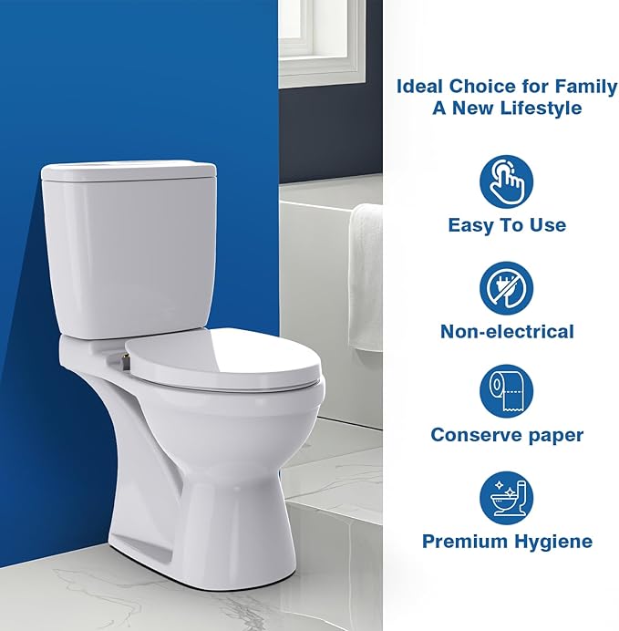 Non-Electric Elongated Bidet Toilet Seat with Dual Nozzle - Front & Rear Wash, Quiet-Close Lid, Adjustable Pressure, Easy Installation, Hygienic Fresh Water Bidet (Elongated)