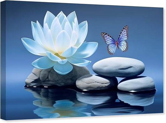 ARTZGX Blue Zen Wall Art Lotus Flower Canvas Spa Stone Pictures for Bathroom Wall Decor Meditation Butterfly Painting Frame(Zen - A 20.00" x 30.00")