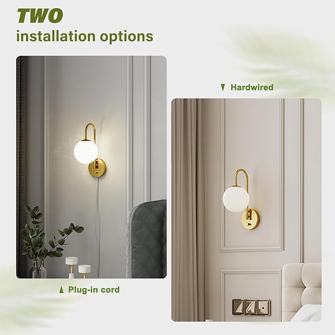 Plug in Wall Sconces Decor Set of Two, Modern Gold Globe Wall Lamp, Stepless Dimmable Gooseneck Wall Light for Living Room Bedroom Hallway, Milky White Glass Shade, 2-Pack E12 Bulb, Optional Hardwired