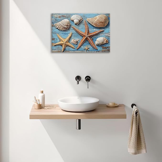 Olivine Seashell Wall Art, Coastal Starfish Pictures Wall Decor, Beach Theme Painting, Blue Seashell Canvas Prints, Framed Artwork for Bathroom Bedroom Living Room Office Home Decoration 24''x16''