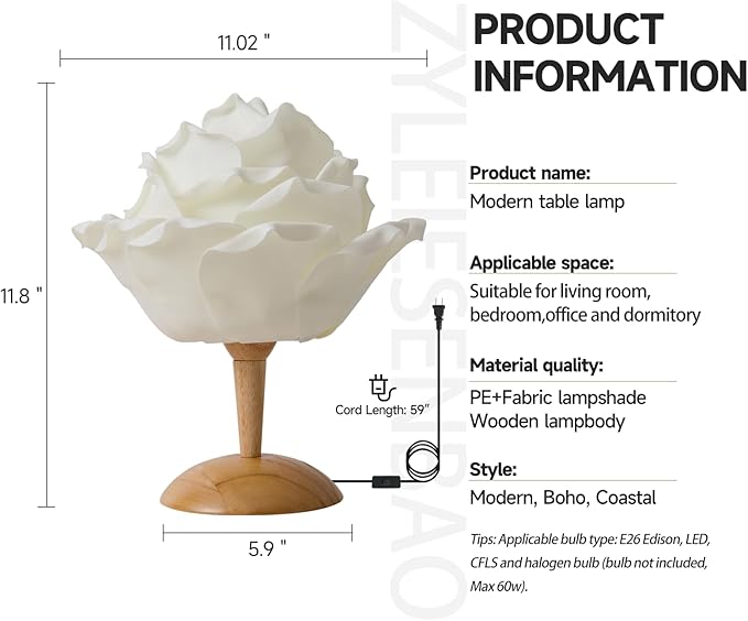 White Flower Table Lamp Creative Lotus Desk Lamp for Bedroom Modern Fabric Nightstand Light Bedside Lamp for Wedding Decor Living Room Study Rooms Restaurants Hotel