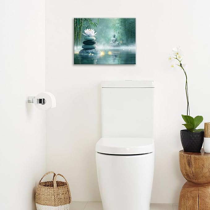 Olivine Zen Decor Wall Art, Lotus Pictures Wall Decor, Stones Flower Bloom Canvas Prints Painting, Framed Artwork for Meditation Bathroom Bedroom Living Room Office Home Decoration 16"x12"