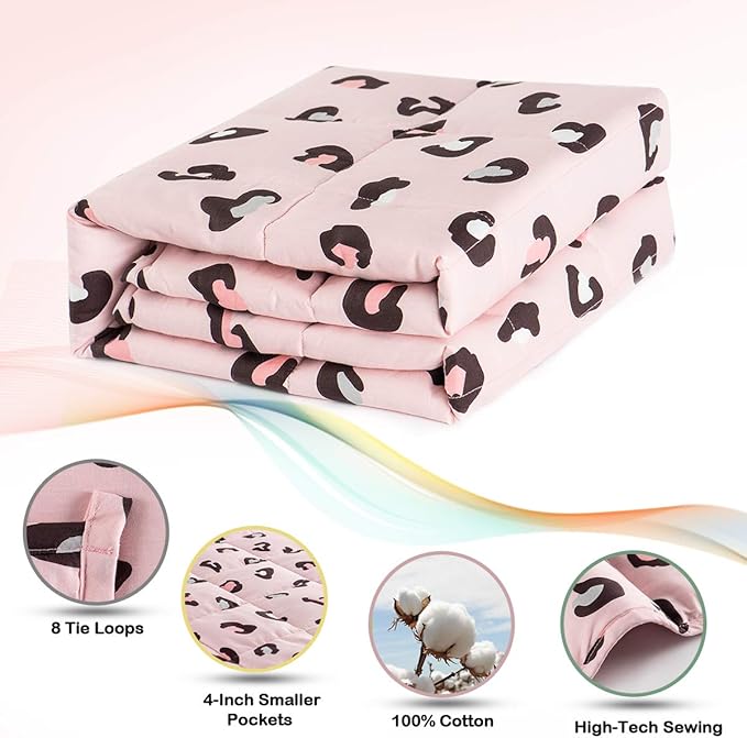Sivio Weighted Blanket - 100% Cotton Heavy Blanket 10lbs, 41 x 60 inches, Washable Breathable Soft Throw Blanket with Glass Beads, Pink Leopard