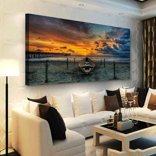 Beach Themed Wall Art Canvas Prints Seascape Poster Bathroom Décor Boat Ocean Sunset Landscape Paintings for Bedroom Dining Room Home Kitchen Decorations Natural Artwork 28x57 Picture Wooden Frames