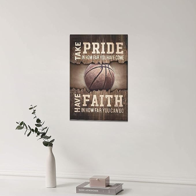 Fleruku Rustic Basketball Wall Art Sports Wall Decor Inspirational Quotes Brown Pictures Basketball Sign Canvas Painting Artwork Home Decorations For Boy Man Teenager Fans Bedroom Living Room 16"x24"